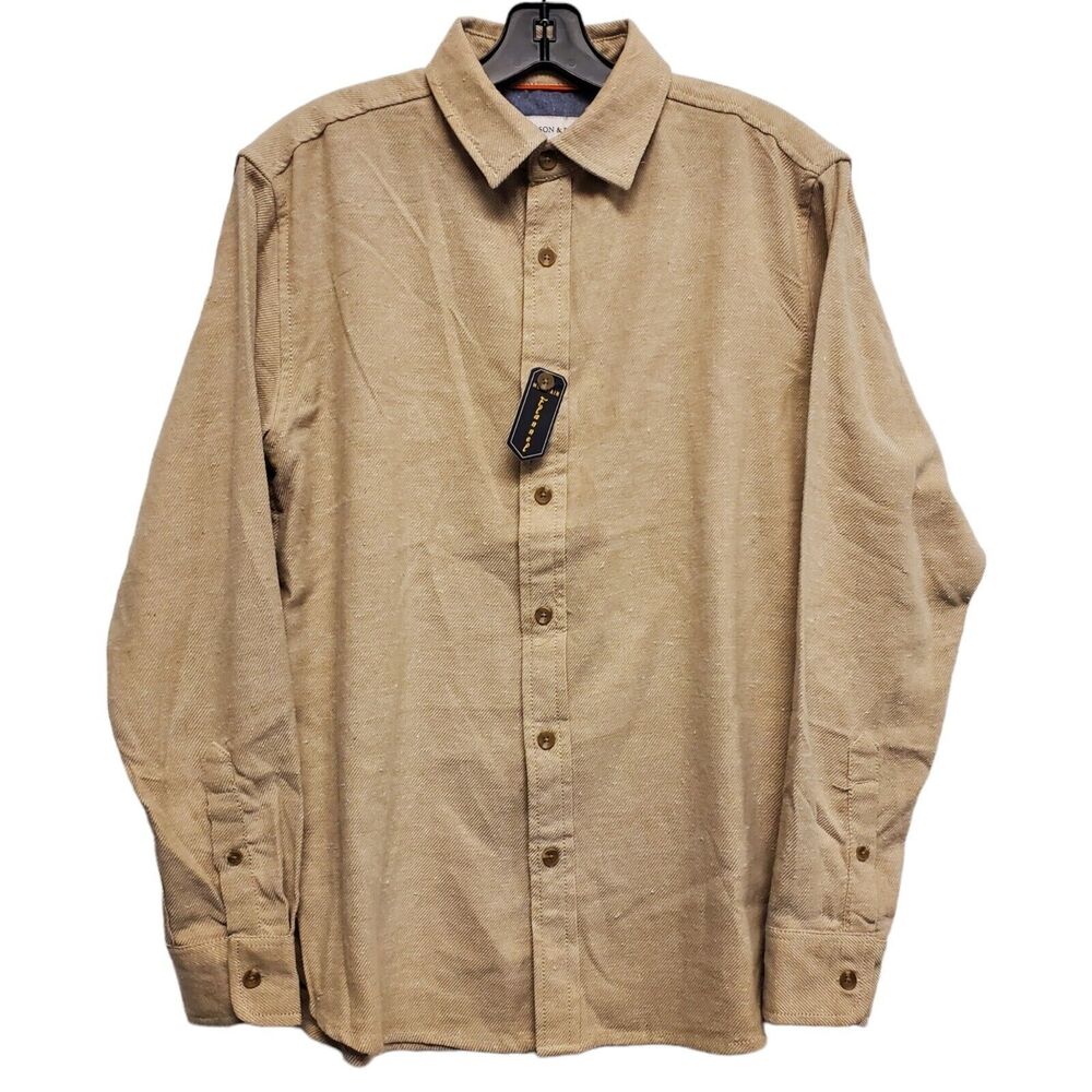 HUDSON & BARROW Shirt Mens Small Beige Casual MOUNTAIN FLANNEL Button Up Outdoor